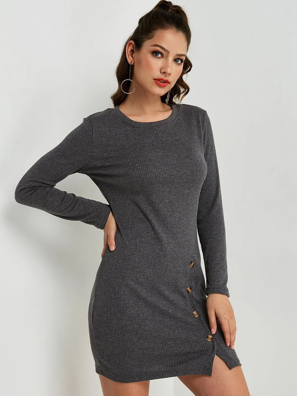 Wholesale Round Neck Long Sleeve Slit Hem Mini Dress