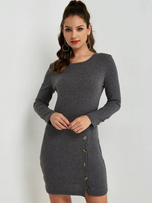 Wholesale Round Neck Long Sleeve Slit Hem Mini Dress