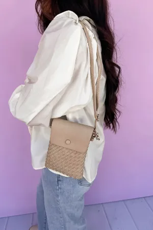 Woven Faux Leather Khaki Phone Pouch Crossbody