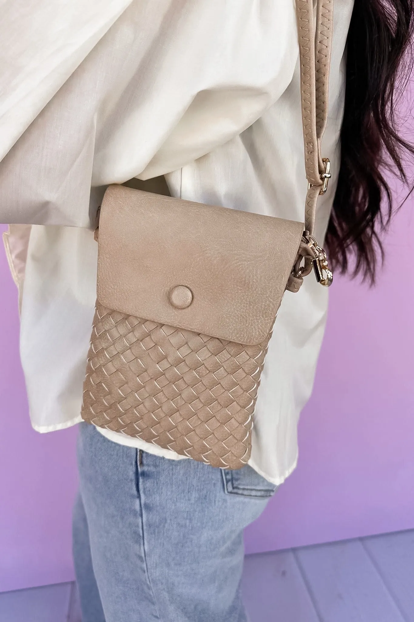Woven Faux Leather Khaki Phone Pouch Crossbody