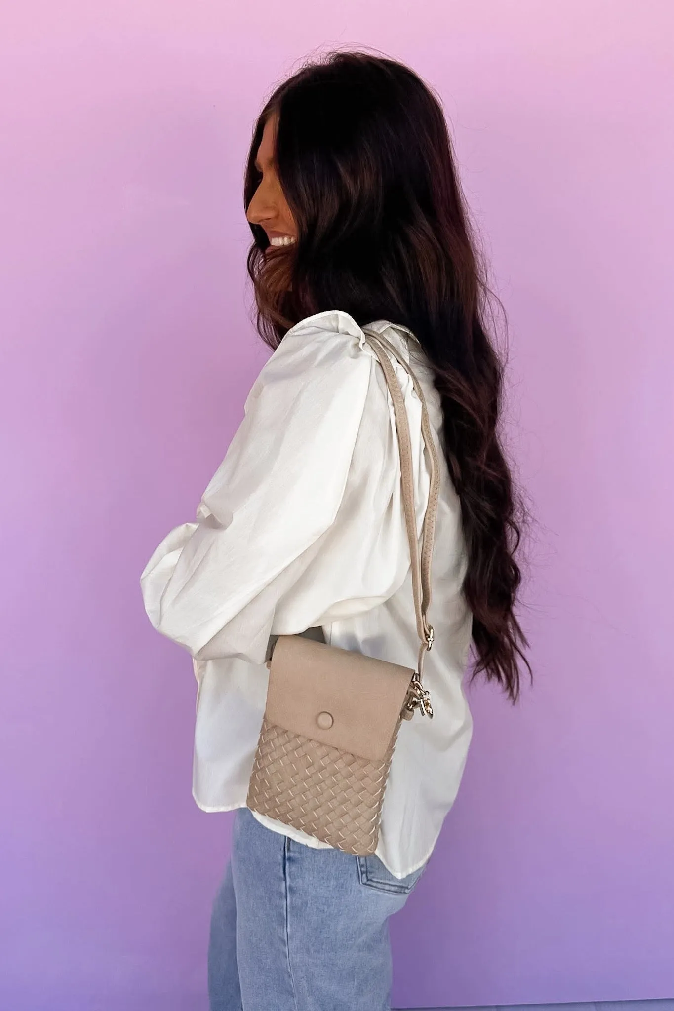 Woven Faux Leather Khaki Phone Pouch Crossbody