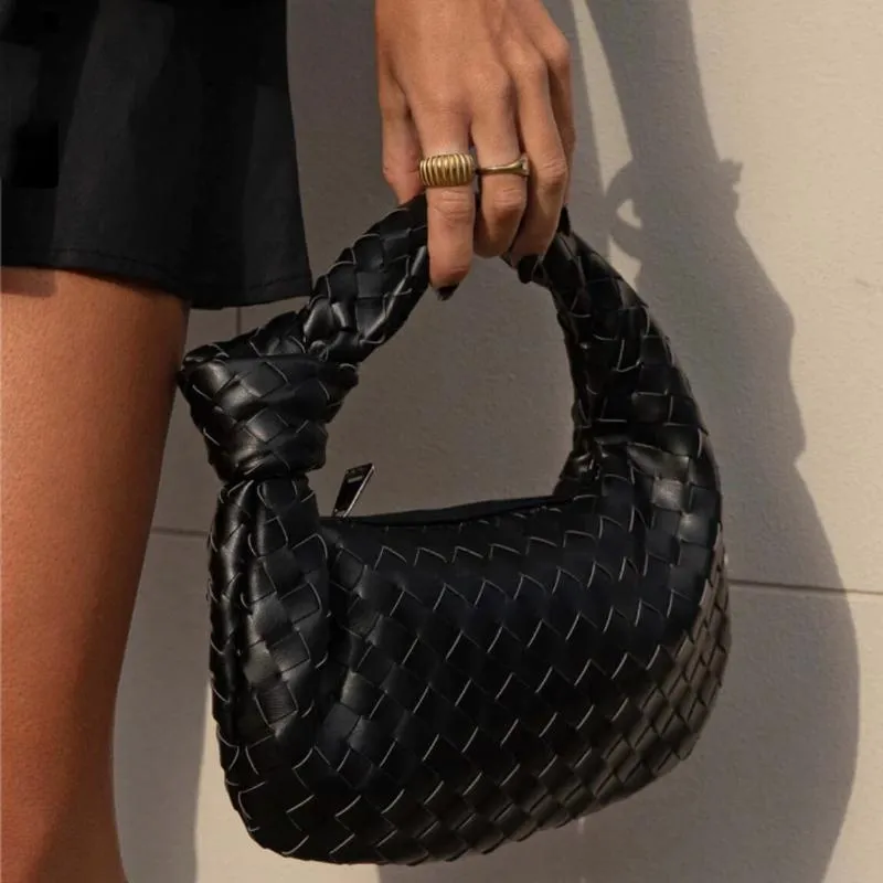 Woven Mini Satchel Bag Made from Vegan Leather with Elegant Design and Silver Accents