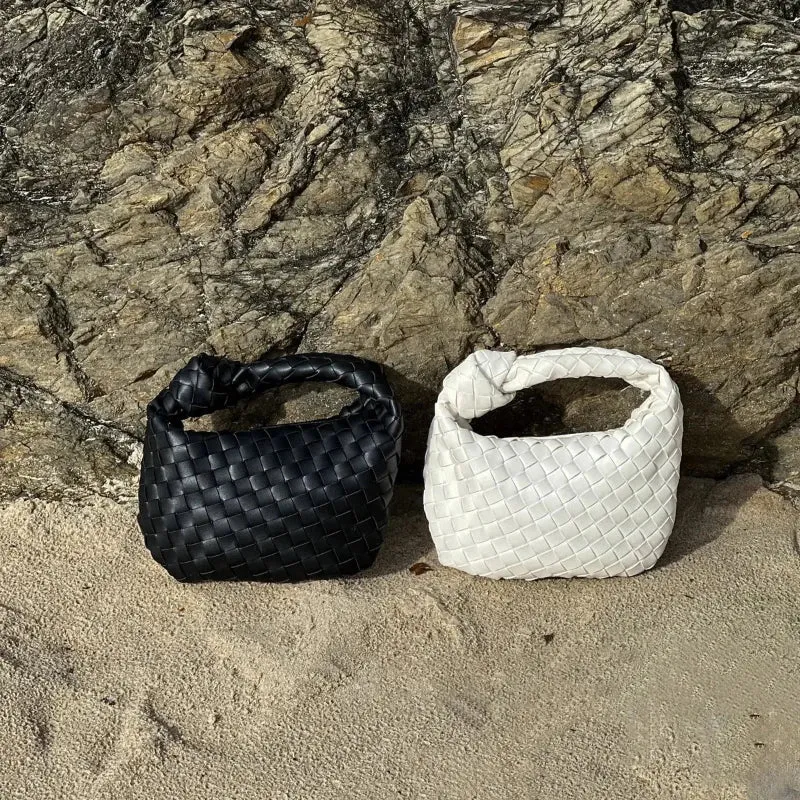 Woven Mini Satchel Bag Made from Vegan Leather with Elegant Design and Silver Accents