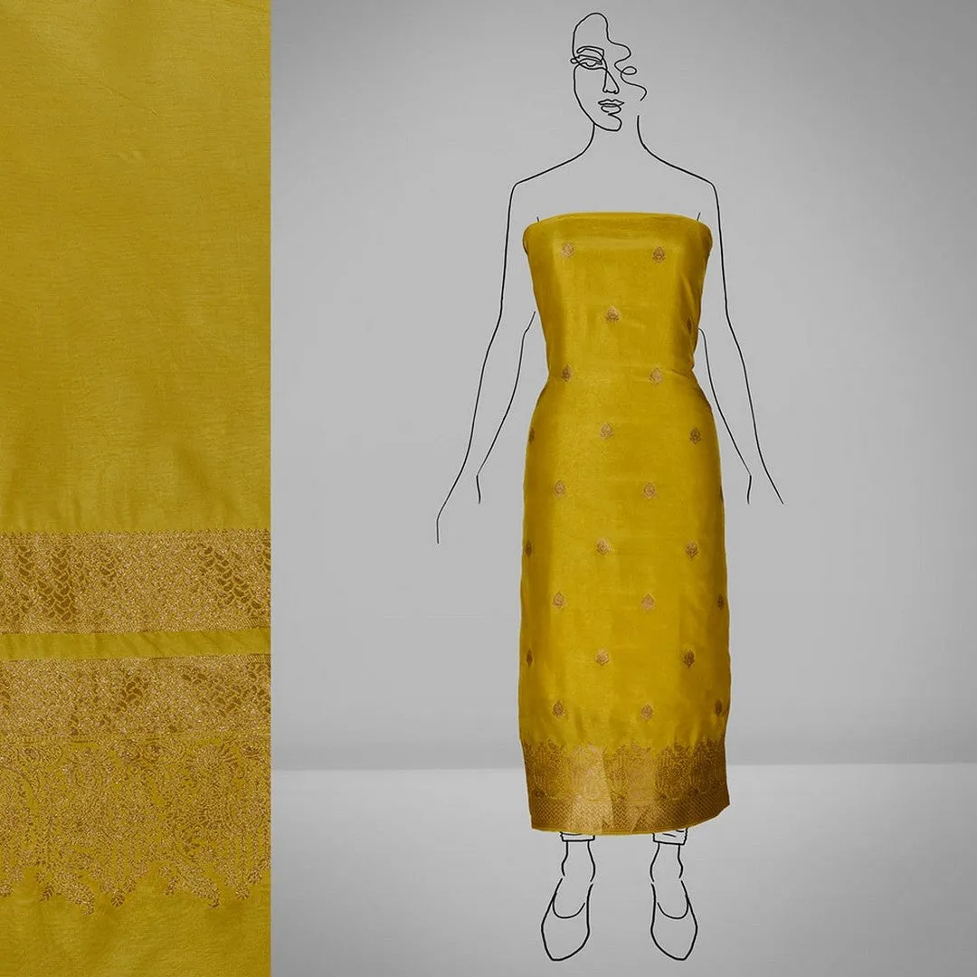 Yellow Jacquard Russian Silk Kurti Fabric with Zari Butta