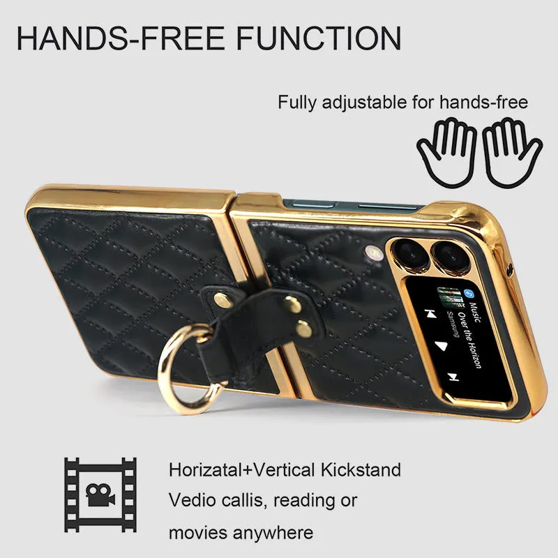 Z Premium Leather Back Scratch Resistant Shockproof Flip Folding Strap Diamond Ring Phone Case