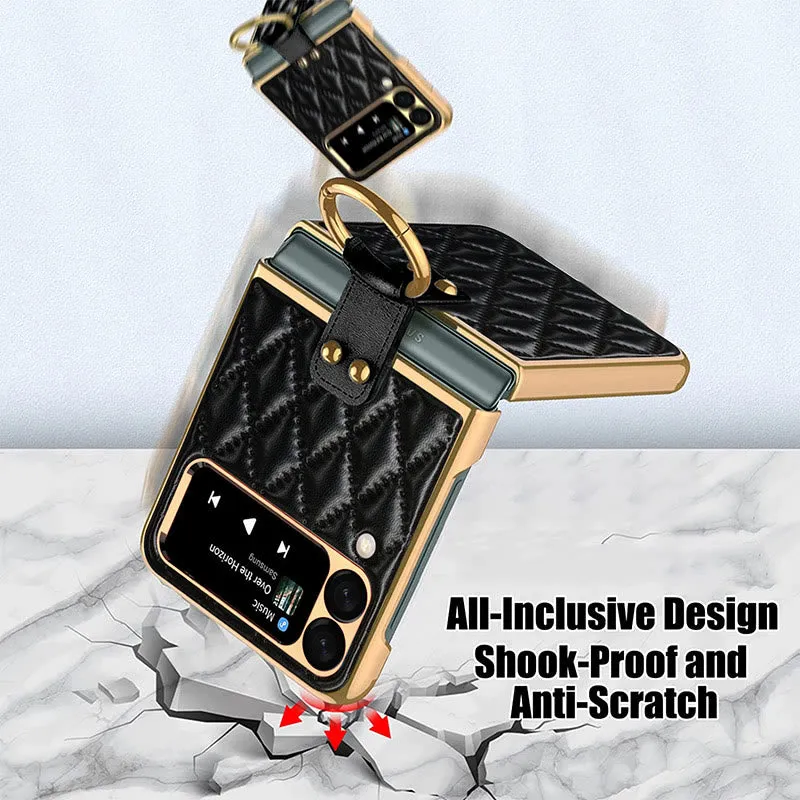 Z Premium Leather Back Scratch Resistant Shockproof Flip Folding Strap Diamond Ring Phone Case